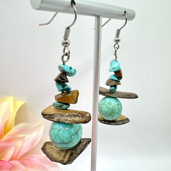 Boho Faux Turquoise And Tiger’s Eye Chip Coconut Shell Crackle Bead Earrings - Picture 5 of 8